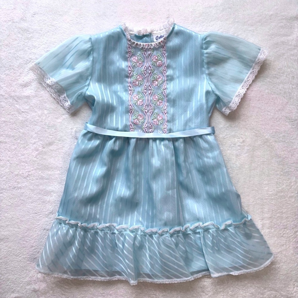 VINTAGE Celeste Originals Girls Blue Floral Embroidered Lace Trim Striped Dress